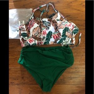 Zaful leaf print crisscross ruched tankini
